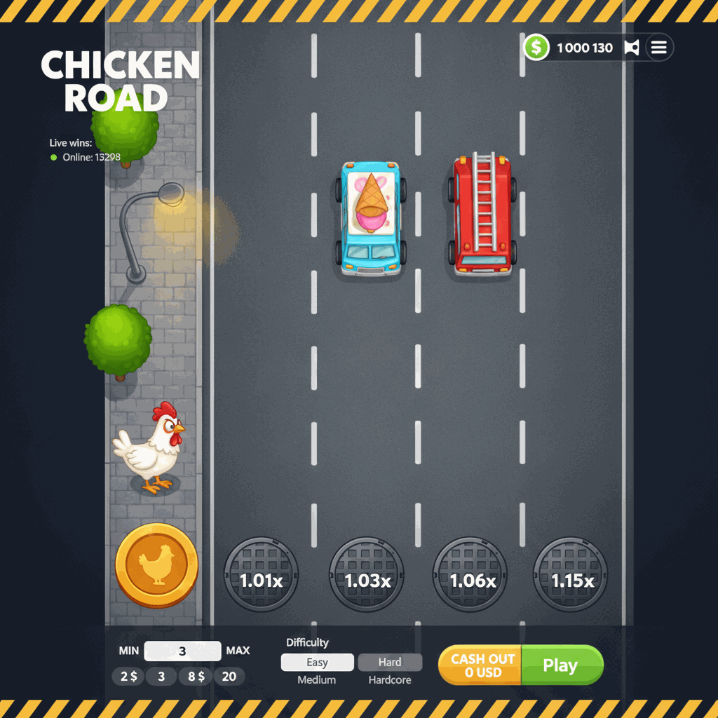 Chicken Road gioco crash con una gallina cartoon che attraversa una strada multi-corsia vista dall'alto, con manhole cover che mostrano i moltiplicatori di vincita e auto che passano sulle corsie